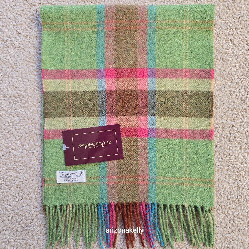 NWT John Hanly Ireland Lambswool Scarf Green & Pink Plaid
